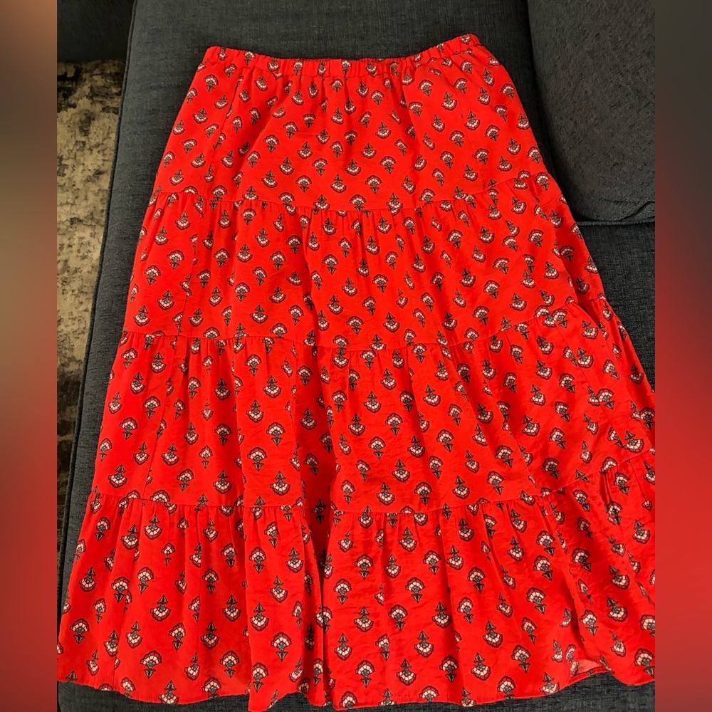Ann Taylor Red Floral Gathered Tiered Midi Skirt